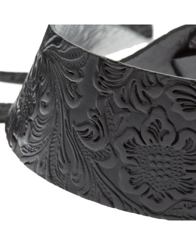 Tracolla per Chitarra e Basso Nero Vera Pelle Conciata Al Vegetale 6 Cm Flores Holes HC Embossed 