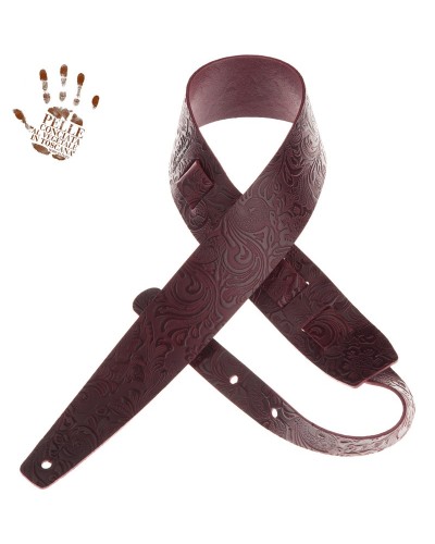 Guitar Strap Bordeaux Certified Vegetable Tanned Leather 6 Cm Flores Holes HC Embossed 