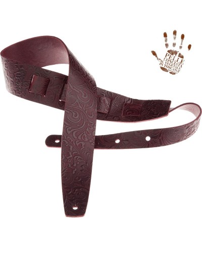 Guitar Strap Bordeaux Certified Vegetable Tanned Leather 6 Cm Flores Holes HC Embossed 