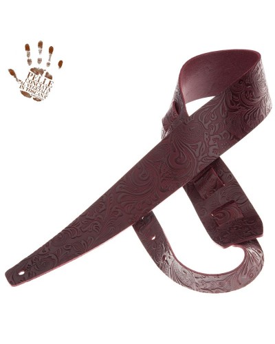 Guitar Strap Bordeaux Certified Vegetable Tanned Leather 6 Cm Flores Holes HC Embossed 