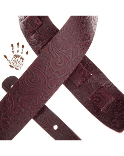 Guitar Strap Bordeaux Certified Vegetable Tanned Leather 6 Cm Flores Holes HC Embossed 