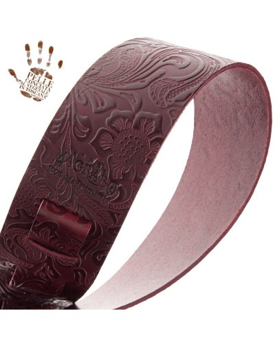 Guitar Strap Bordeaux Certified Vegetable Tanned Leather 6 Cm Flores Holes HC Embossed 