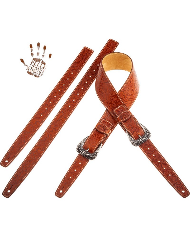 Guitar Strap Brown Certified Vegetable Tanned Leather 7 Cm Skull & Roses Twin Buckle TS Embossed 