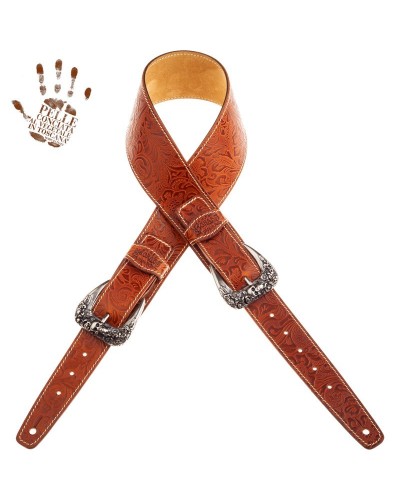 Guitar Strap Brown Certified Vegetable Tanned Leather 7 Cm Skull & Roses Twin Buckle TS Embossed 