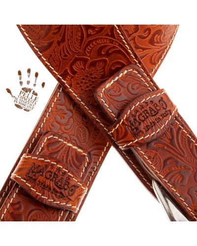 Guitar Strap Brown Certified Vegetable Tanned Leather 7 Cm Skull & Roses Twin Buckle TS Embossed 