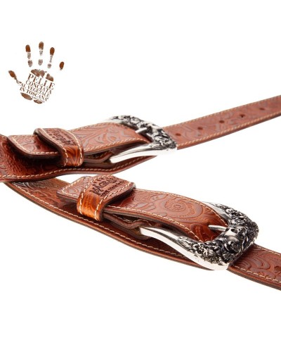 Guitar Strap Brown Certified Vegetable Tanned Leather 7 Cm Skull & Roses Twin Buckle TS Embossed 