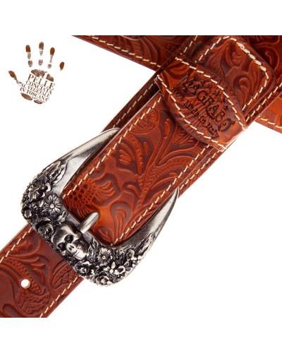 Guitar Strap Brown Certified Vegetable Tanned Leather 7 Cm Skull & Roses Twin Buckle TS Embossed 