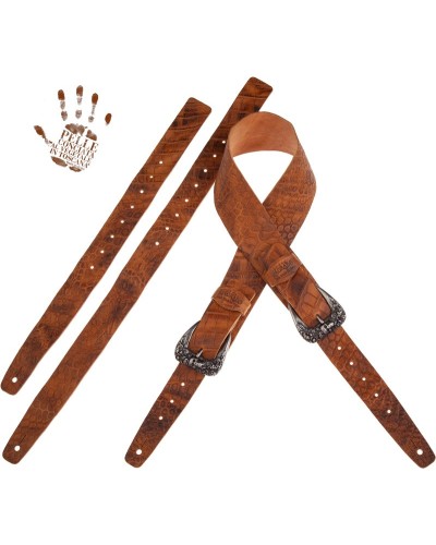 magrabò guitar straps | twin buckle tc embossed cocco pros brown 7 cm skull & roses silver buckle