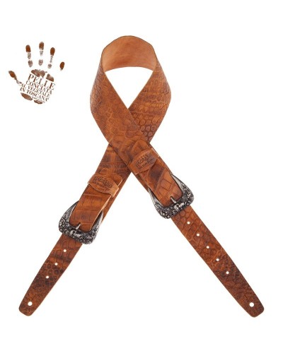 Guitar Strap Brown Certified Vegetable Tanned Leather 7 Cm Skull & Roses Cocco Pros Twin Buckle TC Embossed 