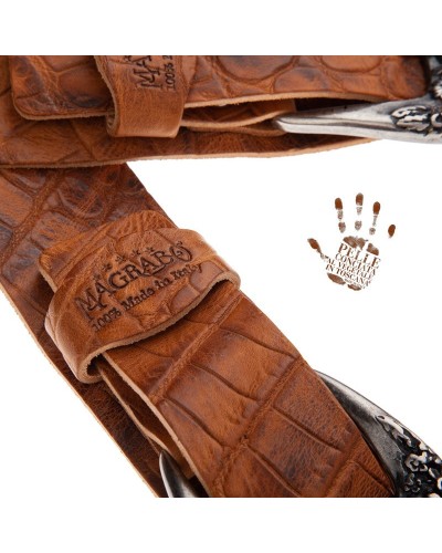 Guitar Strap Brown Certified Vegetable Tanned Leather 7 Cm Skull & Roses Cocco Pros Twin Buckle TC Embossed 