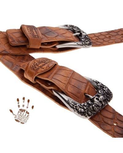 Guitar Strap Brown Certified Vegetable Tanned Leather 7 Cm Skull & Roses Cocco Pros Twin Buckle TC Embossed 