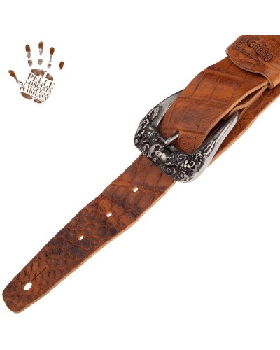 Guitar Strap Brown Certified Vegetable Tanned Leather 7 Cm Skull & Roses Cocco Pros Twin Buckle TC Embossed 