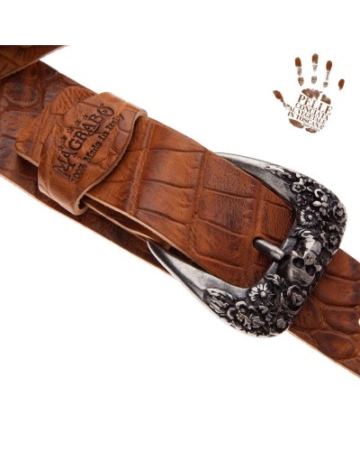 Guitar Strap Brown Certified Vegetable Tanned Leather 7 Cm Skull & Roses Cocco Pros Twin Buckle TC Embossed 