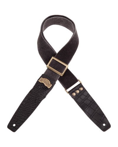 Guitar Strap Black Cotton And Genuine Leather 5 Cm Embossed Stripe SC Cotton Washed 