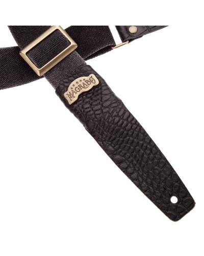 Guitar Strap Black Cotton And Genuine Leather 5 Cm Embossed Stripe SC Cotton Washed 