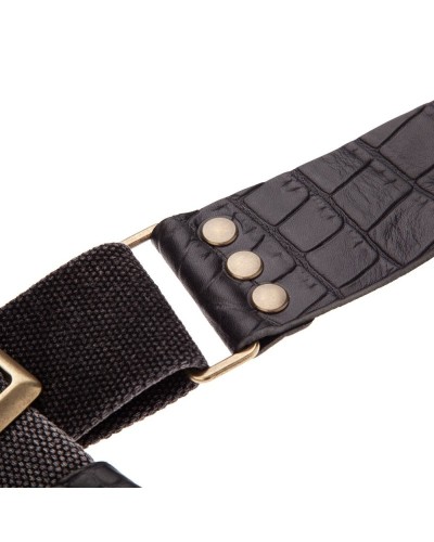 Guitar Strap Black Cotton And Genuine Leather 5 Cm Embossed Stripe SC Cotton Washed 