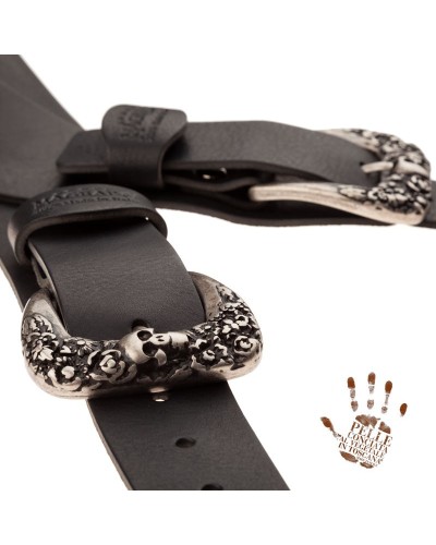 Guitar Strap Black Certified Vegetable Tanned Leather 7 Cm Skull & Roses Twin Buckle TC Core 