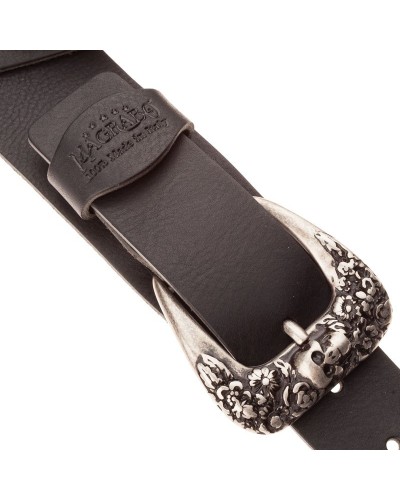 Guitar Strap Black Certified Vegetable Tanned Leather 7 Cm Skull & Roses Twin Buckle TC Core 