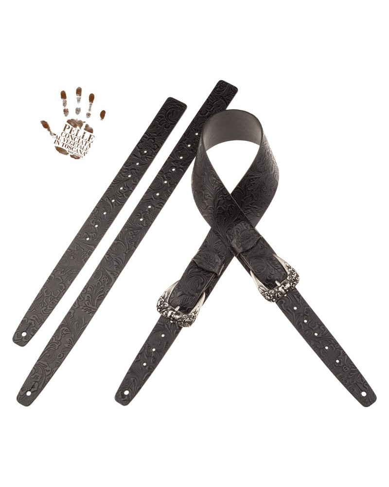 magrabò guitar straps | twin buckle tc embossed flores black 7 cm skull & roses silver buckle