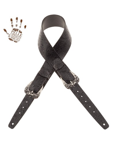 magrabò guitar straps | twin buckle tc embossed flores black 7 cm skull & roses silver buckle