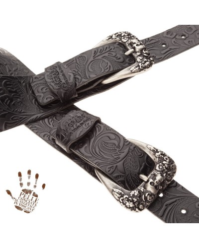 Guitar Strap Black Certified Vegetable Tanned Leather 7 Cm Skull & Roses Twin Buckle TC Embossed 