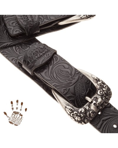 Guitar Strap Black Certified Vegetable Tanned Leather 7 Cm Skull & Roses Twin Buckle TC Embossed 