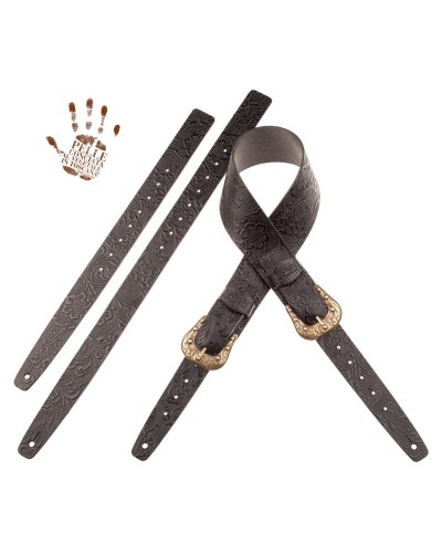 magrabò guitar straps | twin buckle tc embossed flores black 7 cm sun brass buckle