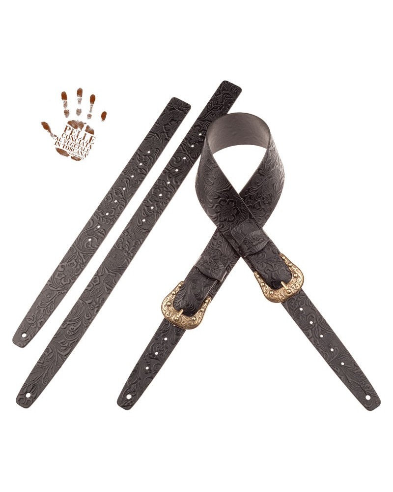 Guitar Strap Black Certified Vegetable Tanned Leather 7 Cm Sun Flores Twin Buckle TC Embossed 