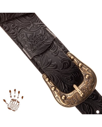 Guitar Strap Black Certified Vegetable Tanned Leather 7 Cm Sun Flores Twin Buckle TC Embossed 