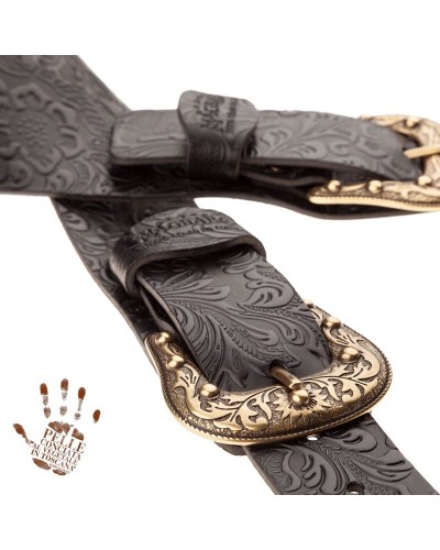 Guitar Strap Black Certified Vegetable Tanned Leather 7 Cm Sun Flores Twin Buckle TC Embossed 