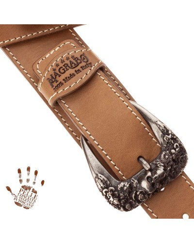 Guitar Strap Grey Certified Vegetable Tanned Leather 7 Cm Skull & Roses Twin Buckle TS Core 