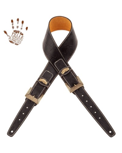 Guitar Strap Black Certified Vegetable Tanned Leather 7 Cm Scaled Snake Twin Buckle TS Embossed 