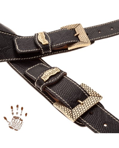 Tracolla per Chitarra e Basso Nero Vera Pelle Conciata Al Vegetale 7 Cm Scaled Snake Twin Buckle TS Embossed 