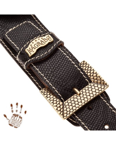 Tracolla per Chitarra e Basso Nero Vera Pelle Conciata Al Vegetale 7 Cm Scaled Snake Twin Buckle TS Embossed 