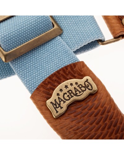 magrabò guitar straps | stripe sc cotton washed celeste 5 cm custom terminals swivel brown, recta brass buckle