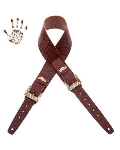 Guitar Strap Brown Certified Vegetable Tanned Leather 7 Cm Scaled Snake Twin Buckle TC Embossed 