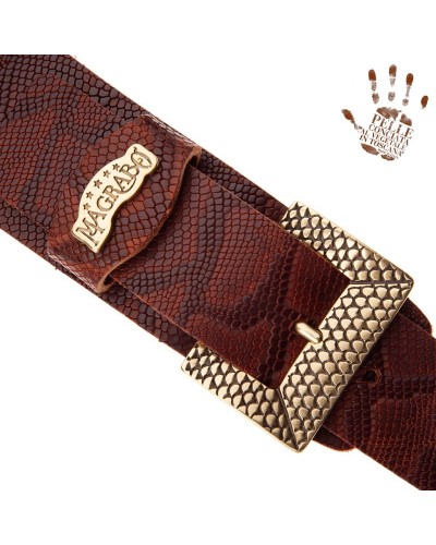 Guitar Strap Brown Certified Vegetable Tanned Leather 7 Cm Scaled Snake Twin Buckle TC Embossed 