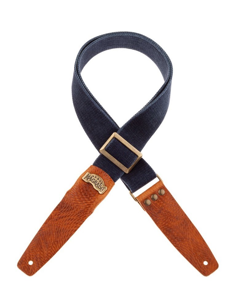 magrabò guitar straps | stripe sc cotton washed blu 5 cm custom terminals swivel brown, recta brass buckle