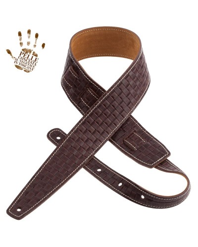 Guitar Strap Brown Certified Vegetable Tanned Leather 6 Cm Intreccio Holes HS Embossed 