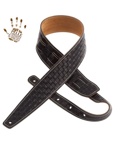 Guitar Strap Black Certified Vegetable Tanned Leather 6 Cm Intreccio Holes HS Embossed 