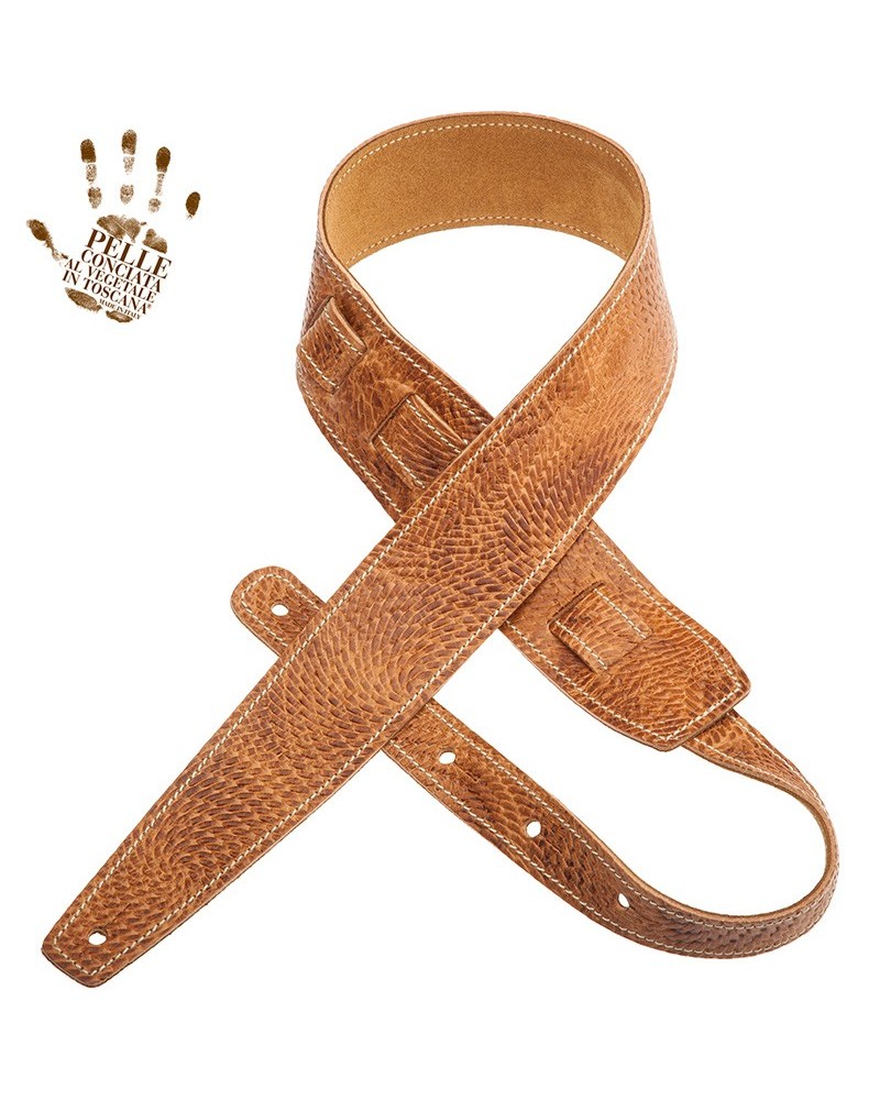 Guitar Strap Brown Certified Vegetable Tanned Leather 6 Cm Swivel Holes HS Embossed 