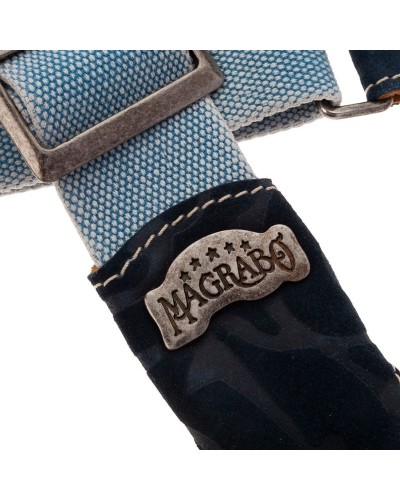 Tracolla per Chitarra e Basso Blu Cotone E Vera Pelle 5 Cm Damasco Embossed Stripe SS Cotton Washed 