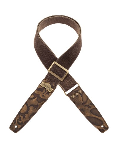 Guitar Strap Brown Cotton And Genuine Leather 5 Cm Grifo Embossed Stripe SS Cotton Washed 