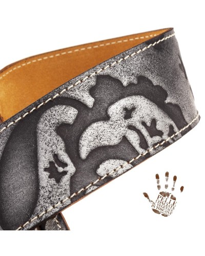 Guitar Strap Silver Certified Vegetable Tanned Leather 6 Cm Holes HS Embossed 