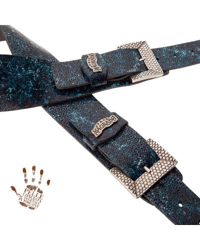 magrabò guitar straps | twin buckle tc embossed seurat petrolio 7 cm scaled silver buckle