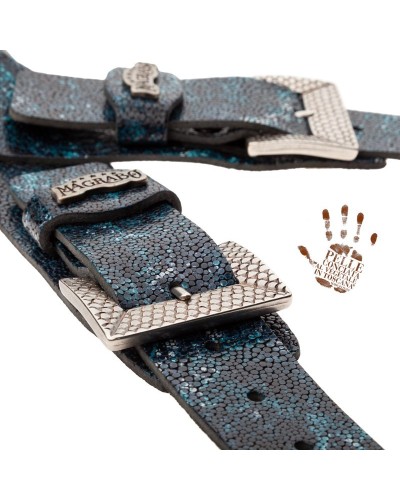 Guitar Strap Petrol Green Certified Vegetable Tanned Leather 7 Cm Scaled Seurat Twin Buckle TC Embossed 