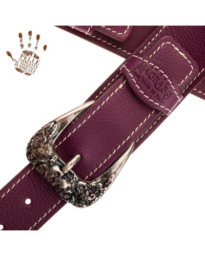 Guitar Strap Violet Certified Vegetable Tanned Leather 7 Cm Skull & Roses Twin Buckle TS Core 