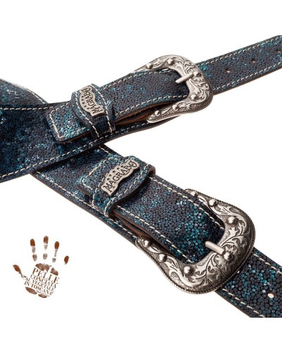 Tracolla per Chitarra e Basso Petrolio Vera Pelle Conciata Al Vegetale 7 Cm Sun Seurat Twin Buckle TS Embossed 