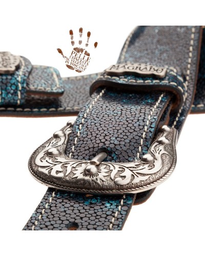 Tracolla per Chitarra e Basso Petrolio Vera Pelle Conciata Al Vegetale 7 Cm Sun Seurat Twin Buckle TS Embossed 