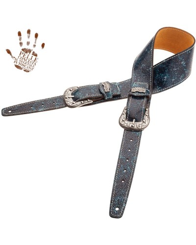 Tracolla per Chitarra e Basso Petrolio Vera Pelle Conciata Al Vegetale 7 Cm Sun Seurat Twin Buckle TS Embossed 